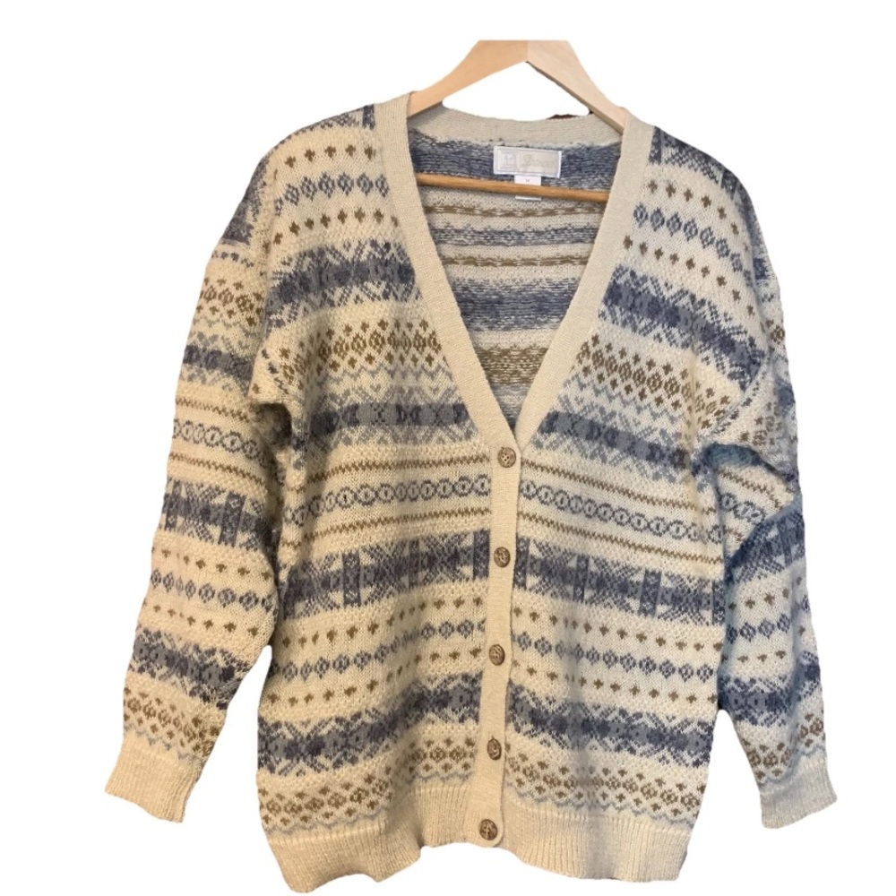 Vtg 80s Mohair Bend Cardigan Sweater M Fair Isle Shoulder Pads Fuzzy Oversized